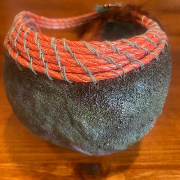 Basket Gourd with Raku finish - Artist made by Martha Cline Turquoise Feathers - Picture 7 of 13